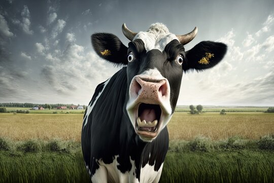 funny cow in the field, ai generated