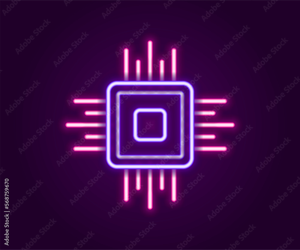 Poster glowing neon line computer processor with microcircuits cpu icon isolated on black background. chip 