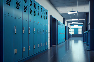 High school lobby corridor interior with row of blue lockers horizontal banner flat. High quality ai generated illustration.