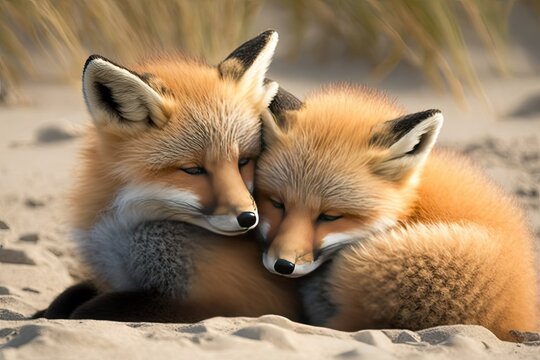 Wild baby red foxes cuddling , ai generated