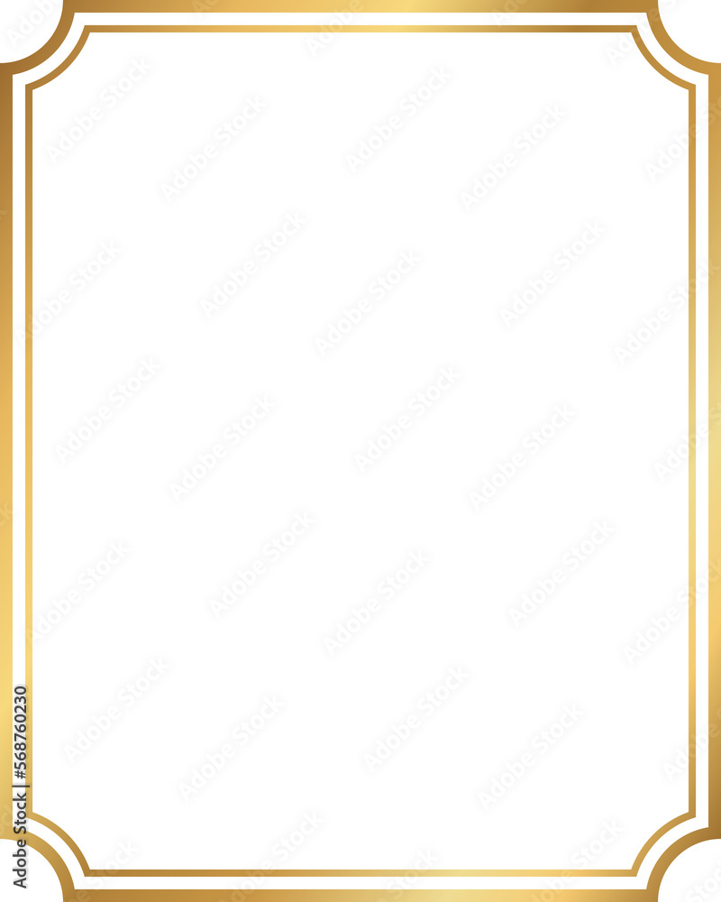 Wall mural double line rectangle golden frame with inverted rounded corner isolated on transparent background, 