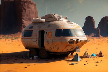 Fototapeta na wymiar A futuristic van concept in Mars. Outer space architecture. Generative ai