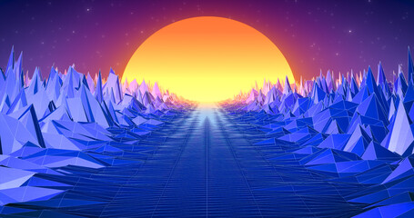 Abstract purple blue retro landscape in old 80s, 90s style with road rocks mountains and sun, abstract background