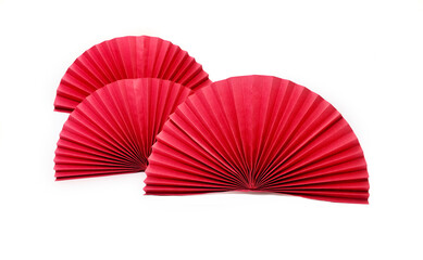 Red circle handmade paper fans on white background. Chinese New Year 2023 background