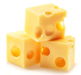 Pyramid of Emmental cheese cubes isolated on white background.