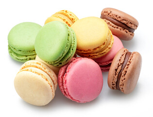 Colorful french macarons isolated on white background.