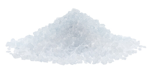 Pile of salt crystals on white background. File contains clipping path.