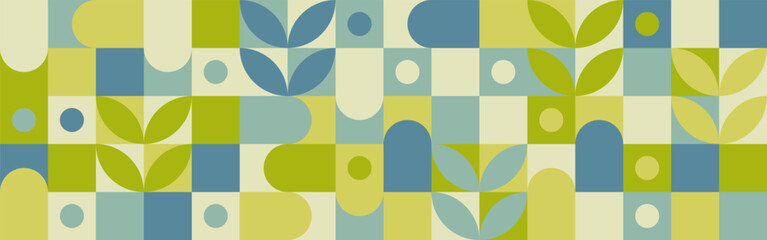Seamless mosaic with geometric shapes in scandinavian pattern style, pastel background with circles and squares for web intro or fabric. Minimalistic cover template with texture.
