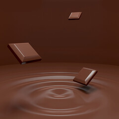 Pieces of chocolate in the melted chocolate background for a snack and dessert commercial display