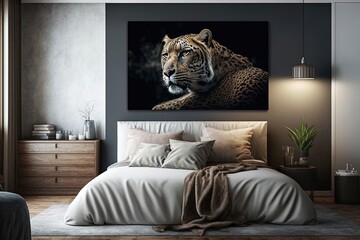 A luxury flat bedroom decorated with a big landscape photography in a canvas. Generative ai. 