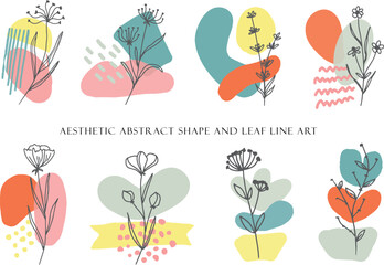 modern aesthetic abstract organic shape and leaf line art arrangement with retro color
