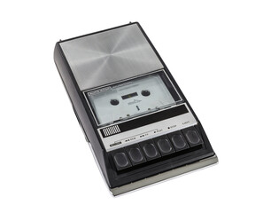 Obraz premium Vintage portable cassette tape player and recorder isolated with cut out background.