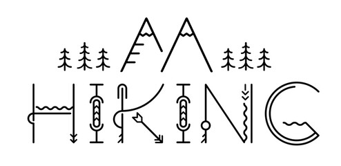 Hiking logo. Vector illustration. Hand drawn lettering typography text. Hiking typography letters design for t-shirt, poster, banner. Adventure traveling logo for print.