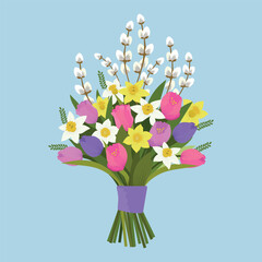 Bouquet of tulips, daffodil and pussy willow. Cute bouquet for Easter, wedding, birthday card. Vector illustration