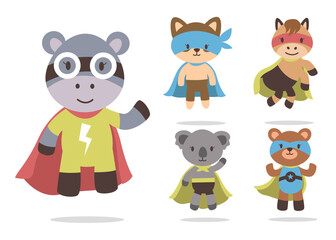 Bundle of isolated cute animal cartoon super hero characters flat