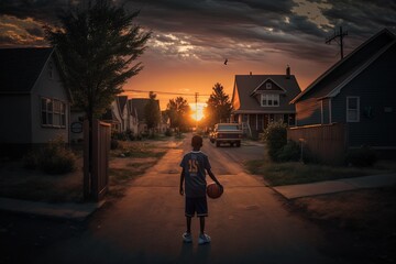 A black child in the typical American middle class neighborhood at sunset. Generative ai