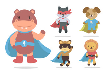 Bundle of isolated cute animal cartoon super hero characters flat