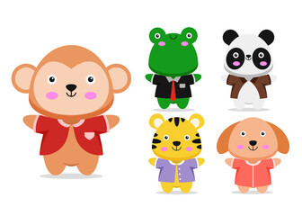 Bundle of isolated cute kids animal cartoon mascot characters flat