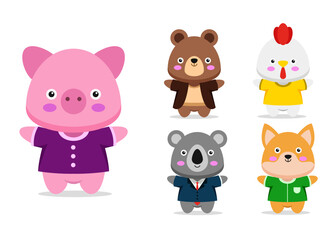 Bundle of isolated cute animal cartoon characters flat