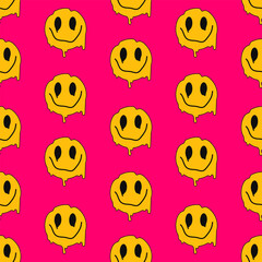 Fototapeta premium Happy spreading emoticon on a pink background. Seamless vecor pattern in 80s-90s trendy style, acidic psychedelic elements.