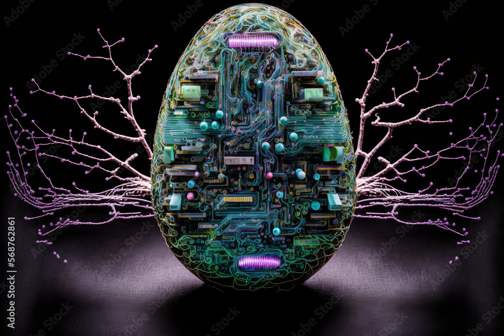 Poster easter with eggs in the nest on a black background, abstract circuit board decoration. artificial in