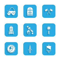 Set Sword with blood, Dagger, Medieval flag, chained mace ball, Ancient coin, throne, Crossed medieval and Wooden four-wheel cart icon. Vector