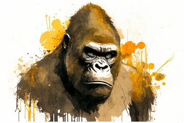 on a white background watercolor drawing of an angry gorilla monkey with gold paint Generative AI