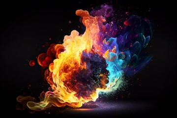 Obraz na płótnie Canvas on a black background, a fiery explosion with multi-colored particles of smoke in the form of a burning flame Generative AI