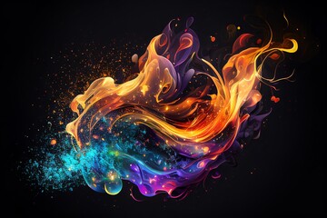 Obraz premium on a black background, a fiery explosion with multi-colored particles of smoke in the form of a burning flame Generative AI