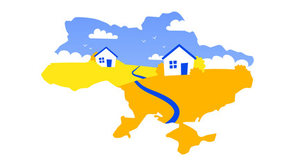 Ukrainian landscape inside the map of Ukraine. Vector illustration