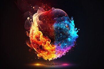 on a black background, a fiery explosion with multi-colored particles of smoke in the form of a circle Generative AI