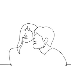 man and woman smile together and pose or bask on each other's faces, they are happy together - one line drawing vector. concept happy heterosexual couple, man and woman mutually in love