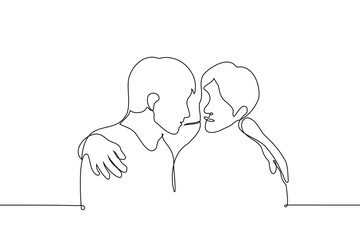 men hugging shoulders - one line drawing vector. concept friend support, help, care