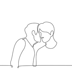 men whispering - one line drawing vector. concept quiet conversation, whispering a secret or gossip