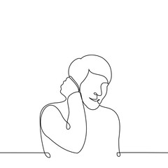 shy man smiles and smoothes his hair behind his ear - one line drawing vector. concept shy person, embarrassed by compliment or attention