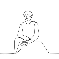 man sitting at a cafe table with a cup of coffee or tea - one line drawing vector. cafe summer terrace concept