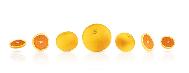 Grapefruit with juicy pieces isolated on a white background with reflection. A set of delicious juicy fruit of orange color from different sides, apelisine, tangerine