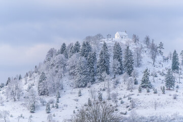 Fototapeta na wymiar Verschneiter Hügel mit Bäumen und Kapelle