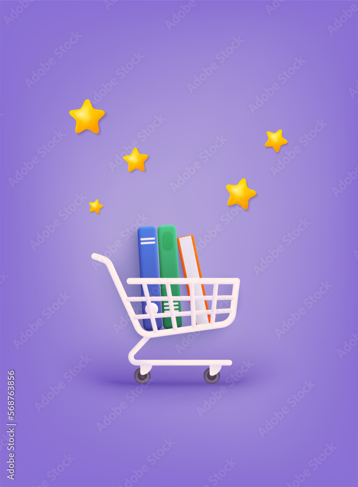 Poster shopping trolley with color books. shopping cart with books. 3d web vector illustrations.