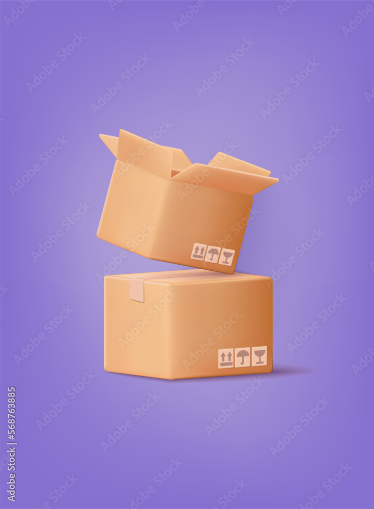 Poster pile of stacked sealed goods cardboard boxes. carton delivery packaging open and closed box with fra