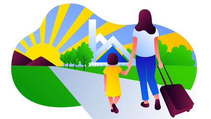 A girl and her mother return home. Vector illustration