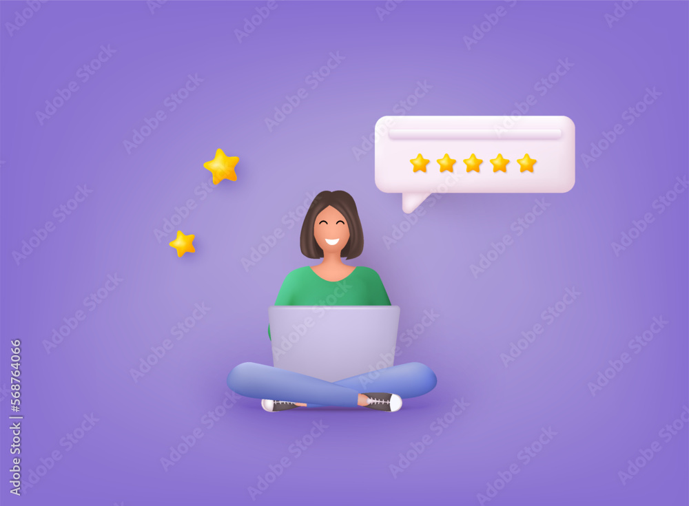 Poster woman character giving five star feedback. vector customer review concepts. reviews stars with good 