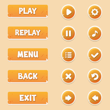 A Collection of Vector orange buttons with editable text effect for the design and icons of the user interface of casual mobile games and applications. Modern orange buttons in candy style.
