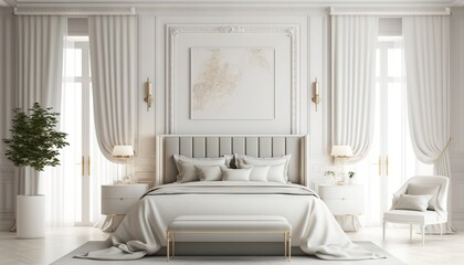 White luxurious bedroom mock-up with frame for picture generative ai