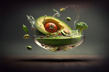 Salad with levitating avocado. Digital art. AI generation.
