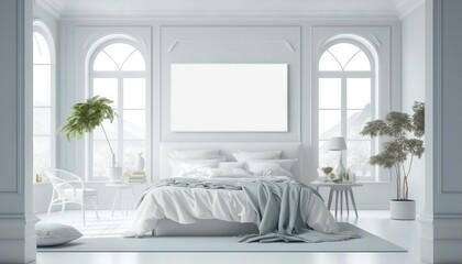 White luxurious bedroom mock-up with frame for picture generative ai