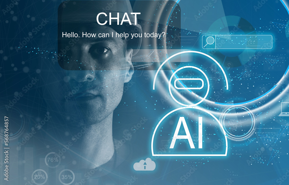 Aufkleber database with intelligent system, future technology, technical progress, smart chatbox businessman h