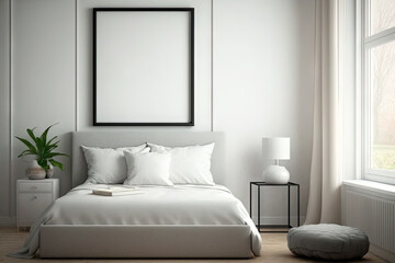 White bedroom interior with empty frame mockup Generative AI