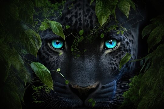 A close up of the blue eyes of a black panther hidden in the jungle. Generative ai