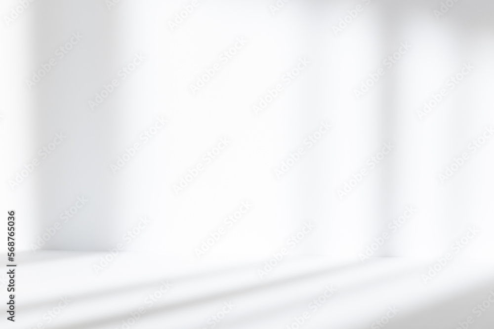 Poster Abstract white studio background for product presentation. Empty room with shadows of window. Display product with blurred backdrop.